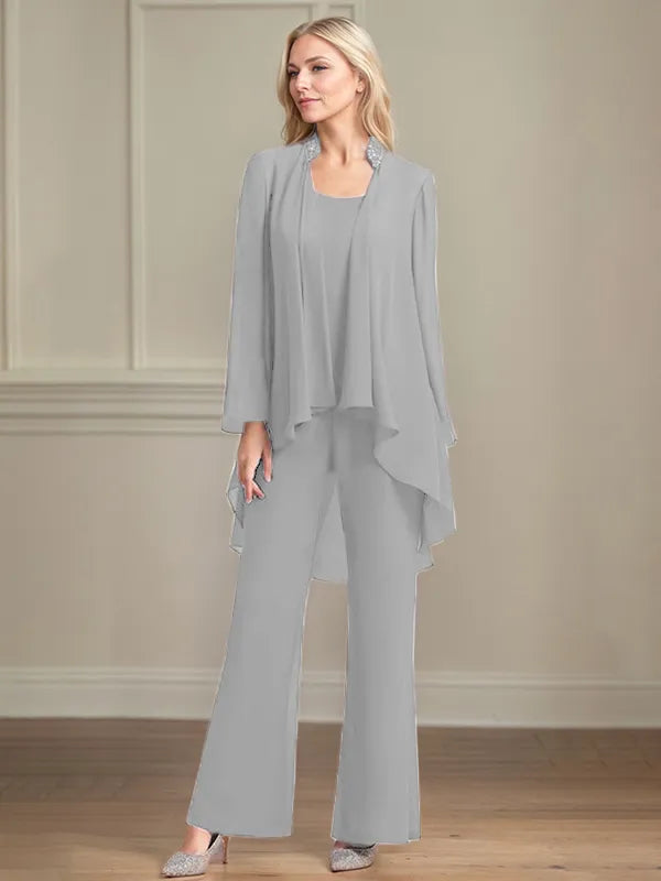 Chiffon Kleid mit Rundhalsausschnitt, langen Ärmeln, bodenlang, Hosenanzug für die Brautmutter