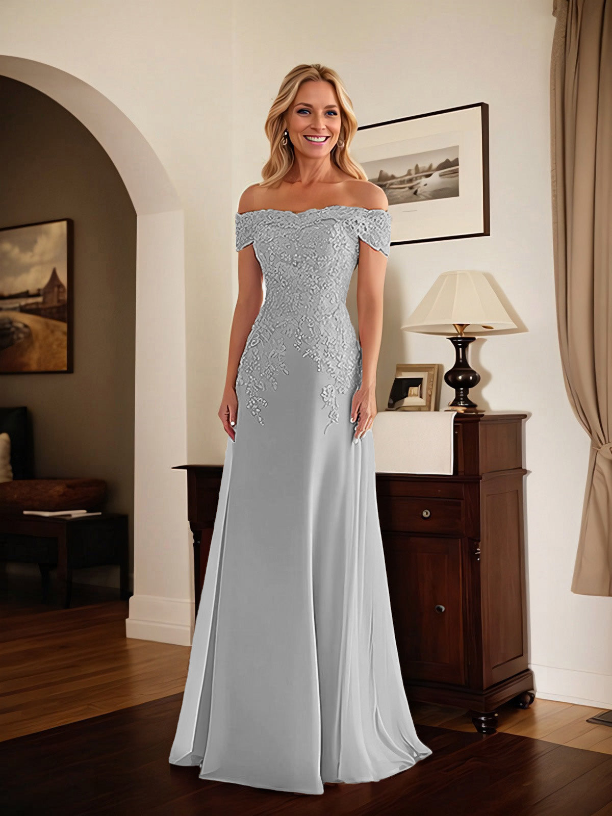 Elegantes taupefarbenes schulterfreies Etuikleid Mutter der Braut Kleid mit Spitze