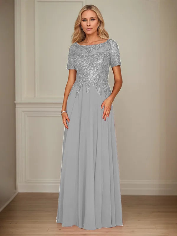 A Line Chiffon Boat Neck Short Sleeves Floor Length Mother of the Bride Dresses