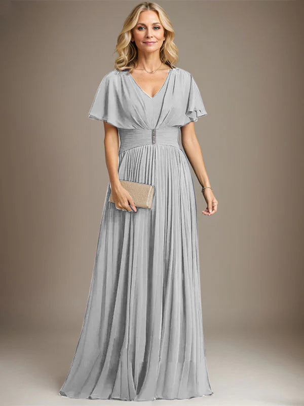 A-Linien V-Ausschnitt Bodenlanges Chiffon Brautmutterkleid mit Kristallbrosche und Plisseefalten