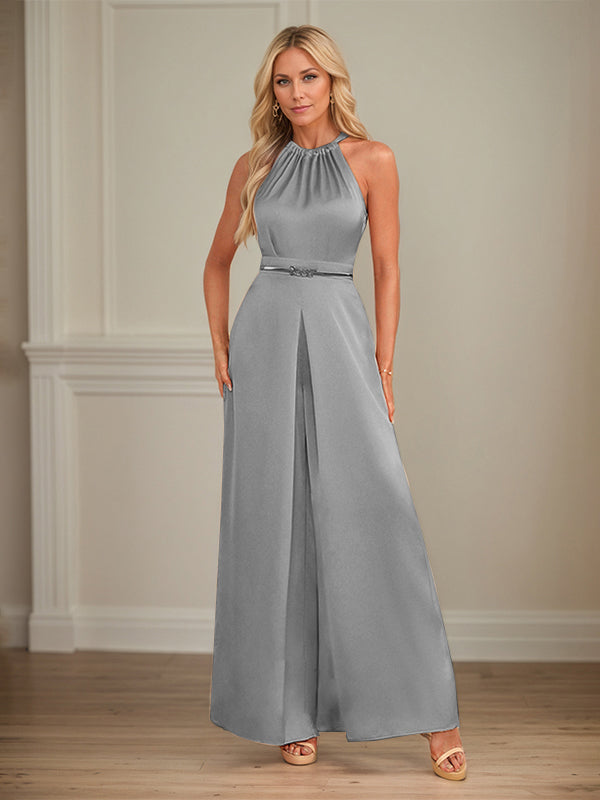 Jumpsuits Neckholder bodenlanges Satin Hochzeitskleid