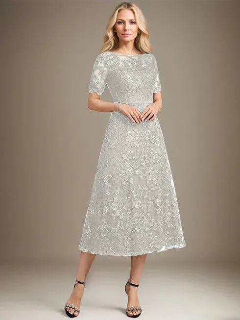 A-Linien Rundhals Illusions-Tea-Length Spitzenkleid der Brautmutter mit Pailletten