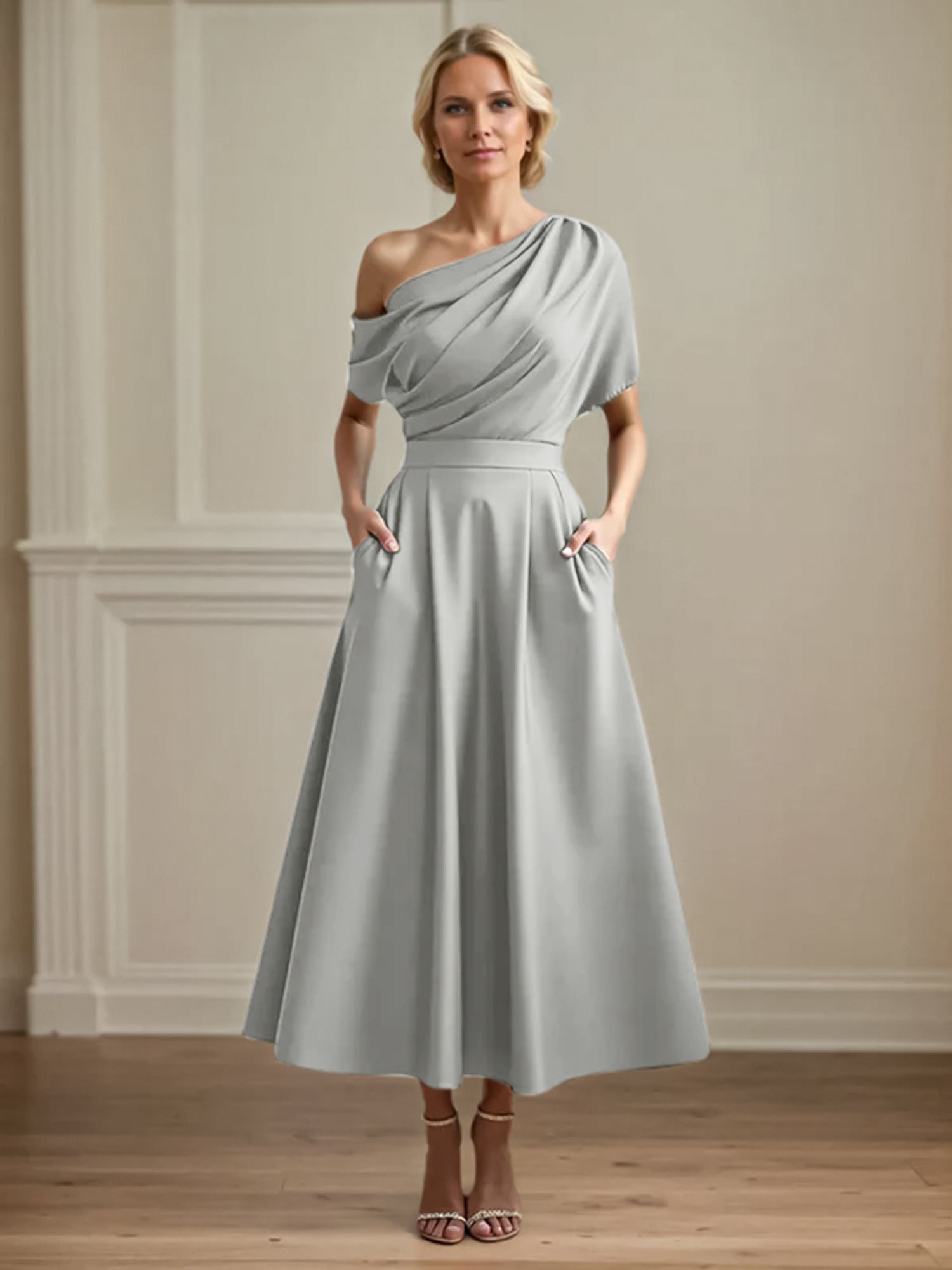 A Line Satin One Shoulder Pleated Ankle Length Mother of the Bride Dress
