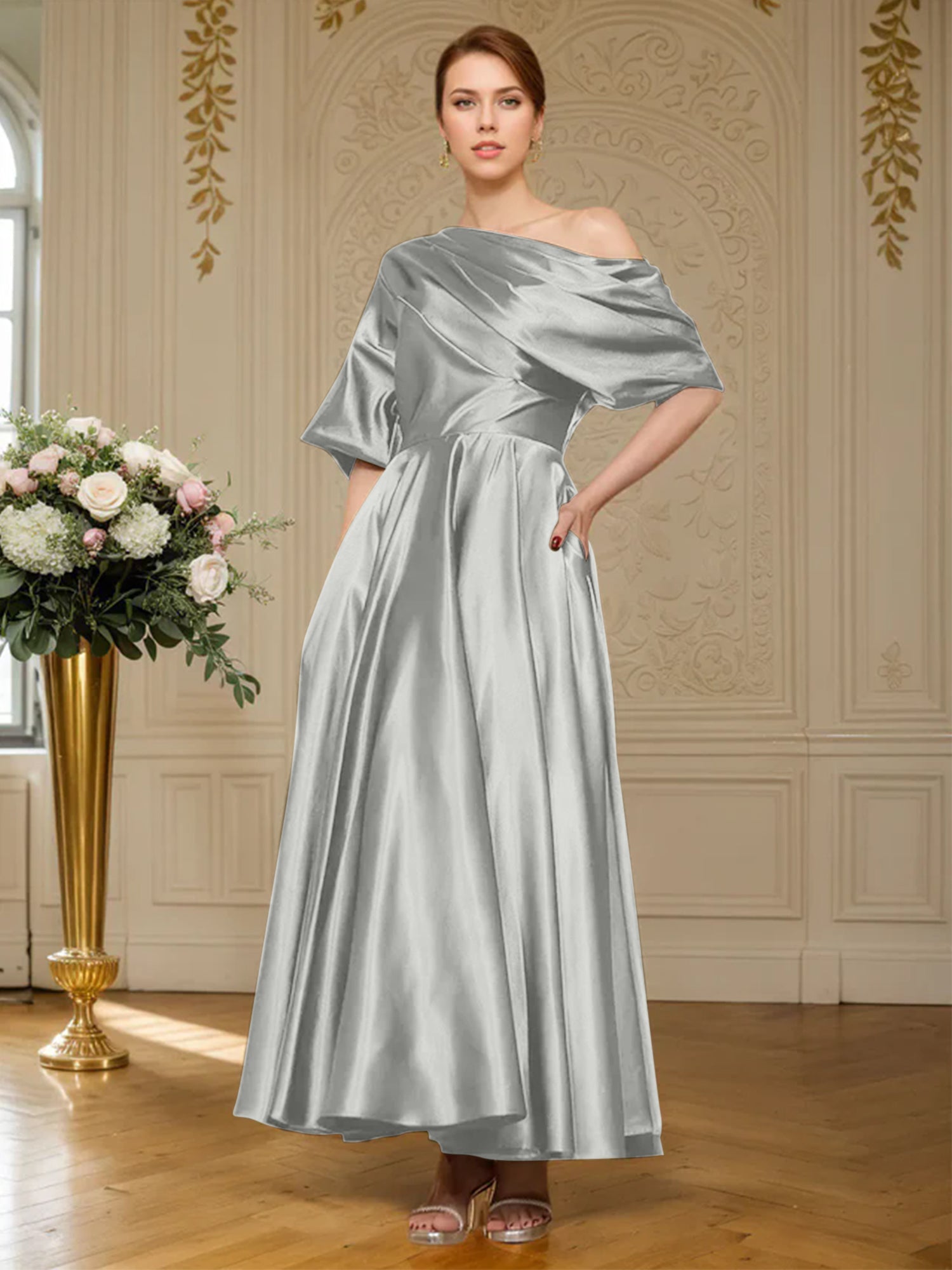 A-Linien Kurzarm plissiertes knöchellanges seidenähnliches Satin Kleid für die Brautmutter