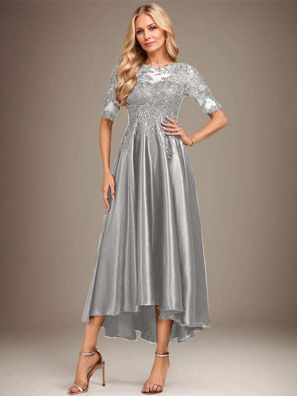 A-Linie Rundhalsausschnitt Illusion Asymmetrisches Stretch-Satin-Spitzen-Brautmutterkleid mit Pailletten