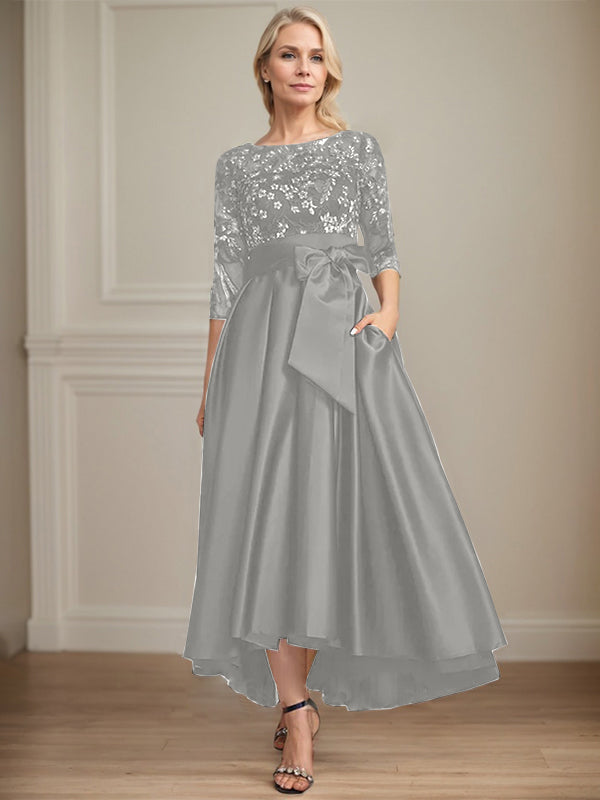 A-line Scoop Illusion Asymmetrical Satin Lace Mother of the Bride Dress With Bow