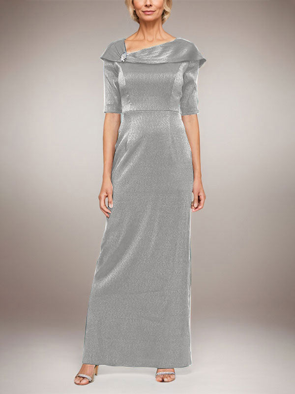 Langes schimmerndes Säulenkleid mit umgeschlagenem Ärmelbündchen, L-Ausschnitt und Ellbogenärmeln