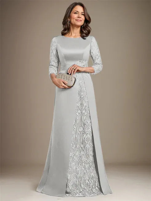 Vestido de madre de la novia largo hasta el suelo con encaje, satén, línea A, escote redondo y aplicaciones