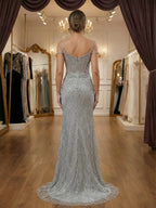 Silver Multi-Strand Straps Beaded Corset Prom Dress with Slit