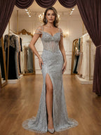 Silver Multi-Strand Straps Beaded Corset Prom Dress with Slit