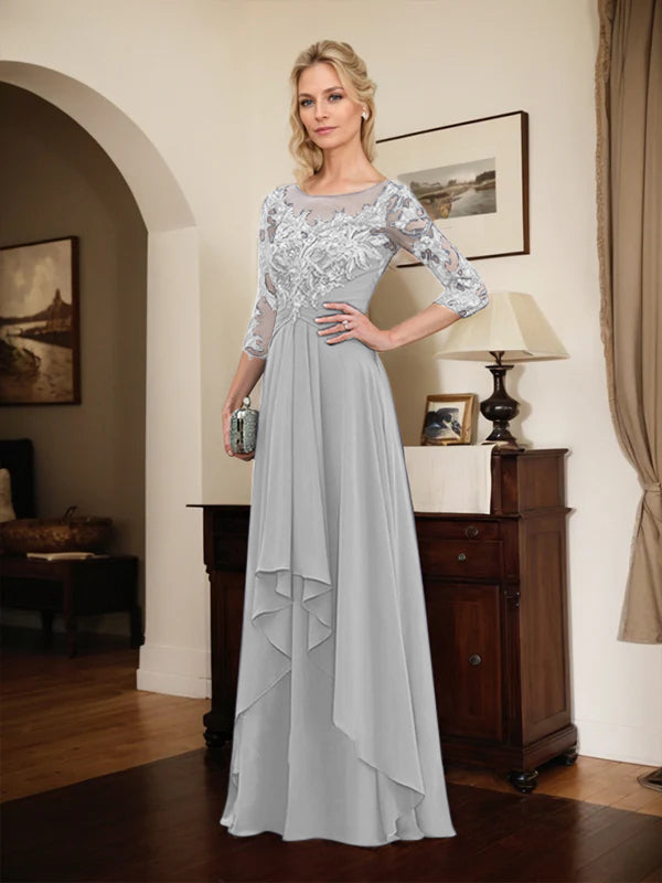 Robe mère de la mariée en ligne A avec col rond illusion, dentelle et chiffon longueur sol avec volants en cascade
