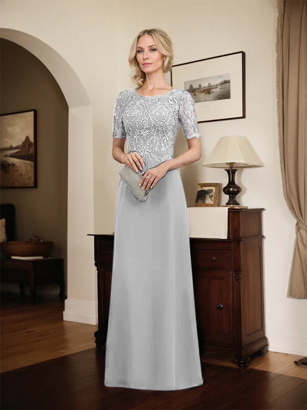 A-Linien Spitzen-Chiffon-Mutter-der-Braut-Kleid mit Rundhalsausschnitt, bodenlang und Pailletten