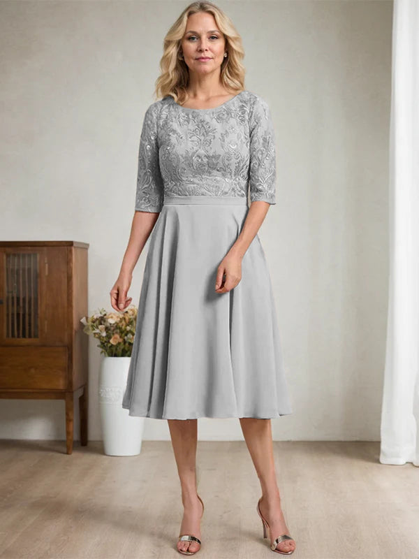 A-Linien Rundhalsausschnitt knielanges Spitzen-Chiffon Kleid für die Mutter der Braut