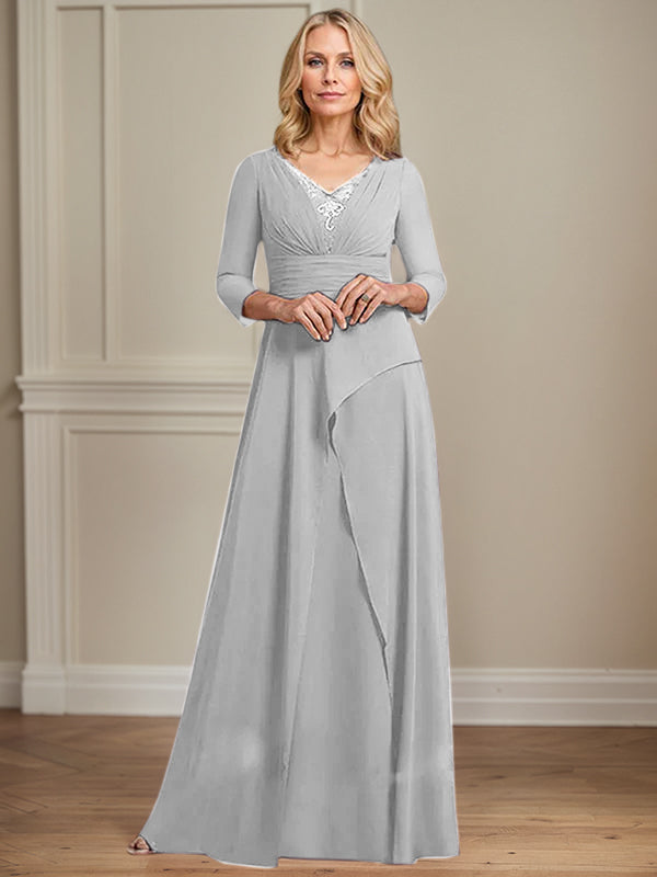 A-Linien Chiffon-Mutter-der-Braut-Kleid mit V-Ausschnitt, bodenlang, plissierte Perlenverzierung