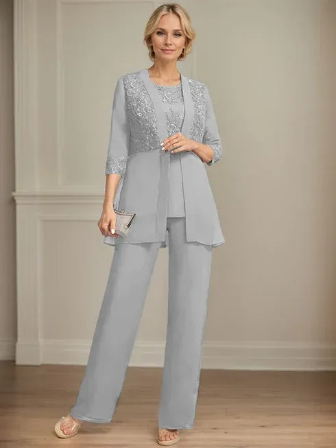 Combinaison/pantalon séparé en mousseline et dentelle, longueur au sol, col rond, robe mère de la mariée avec sequins