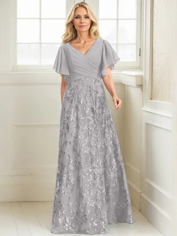Vestido de madre de la novia en línea A con escote en V, largo hasta el suelo, encaje, lentejuelas y gasa plisada