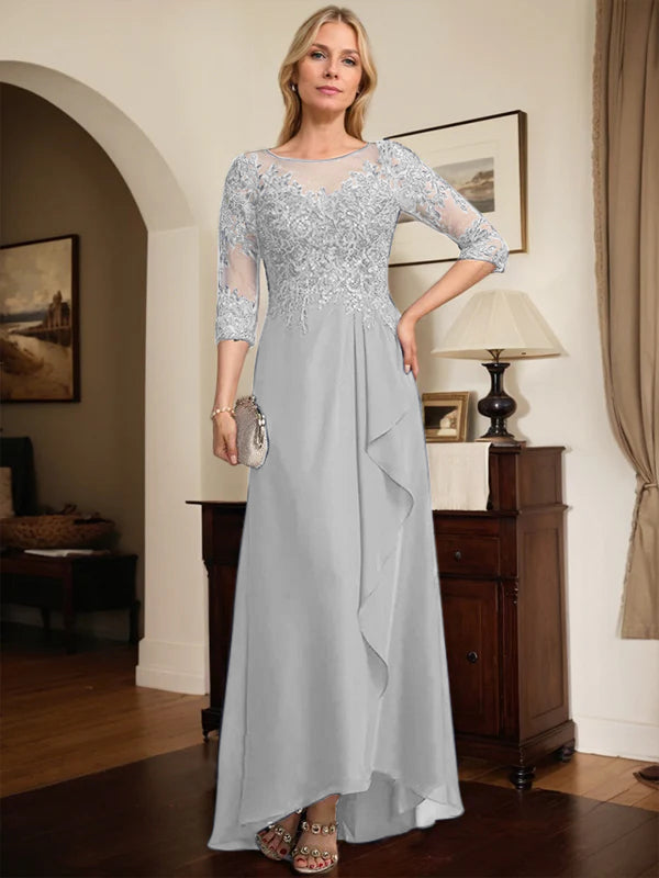 A-Linien Rundhals Illusions-Asymmetrische Spitze Chiffon Brautmutterkleid mit Pailletten und fallenden Rüschen