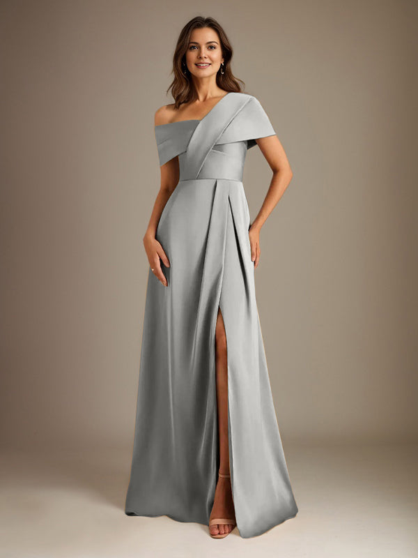 A-Linien asymmetrischer Ausschnitt bodenlanges Satin-Brautkleid für die Brautmutter mit Falten