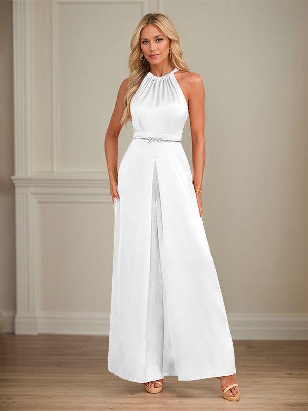 Jumpsuits Neckholder bodenlanges Satin Hochzeitskleid