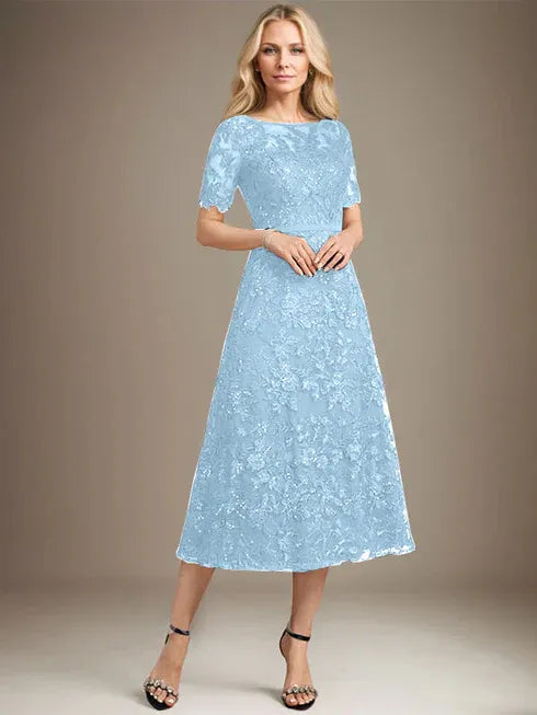 A-Linien Rundhals Illusions-Tea-Length Spitzenkleid der Brautmutter mit Pailletten