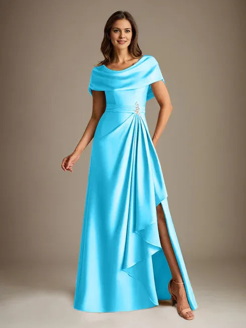 A-Linien-Kleid mit Rundhalsausschnitt, bodenlang, aus Stretch-Satin, Brautmutterkleid mit fallenden Rüschen