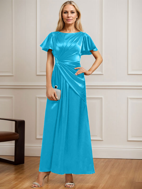 A-Linien Rundhals Knöchellanges Stretch Satin Mutter der Braut Kleid mit Plissierten Perlen