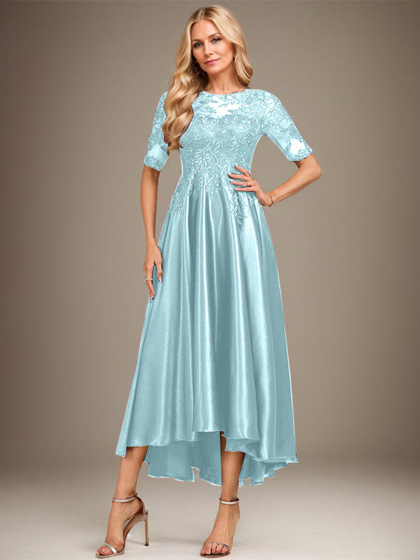 A-Linie Rundhalsausschnitt Illusion Asymmetrisches Stretch-Satin-Spitzen-Brautmutterkleid mit Pailletten