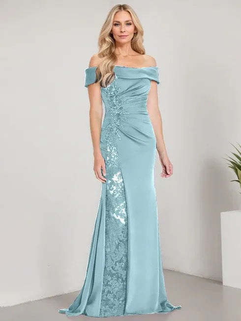A-Linien Schulterfreies bodenlanges Brautmutterkleid mit Applikationen und Perlenbesatz Meerjungfrauenkleid mit hohem Schlitz