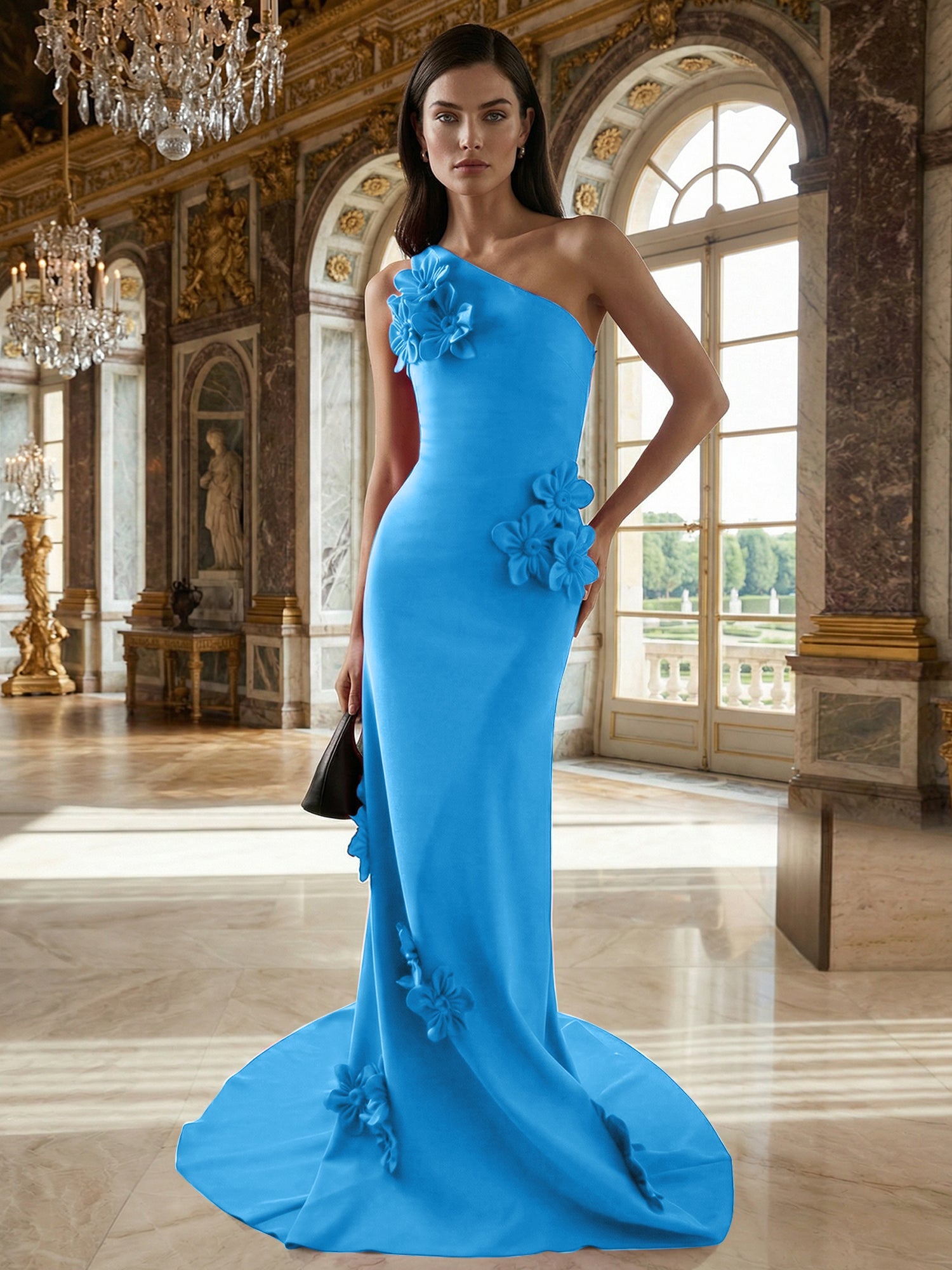 Vestido en línea A de crepé elástico sin mangas y con un solo hombro hasta el suelo con flores 3D