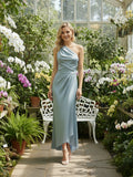 Vestido formal largo de satén azul cielo línea A de un solo hombro