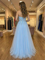 Sky Blue Floral Lace Applique Strapless Tulle Prom Dress