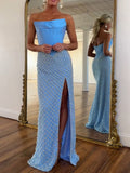 Robe de bal bustier corset en perles bleu ciel à motif en treillis avec fente