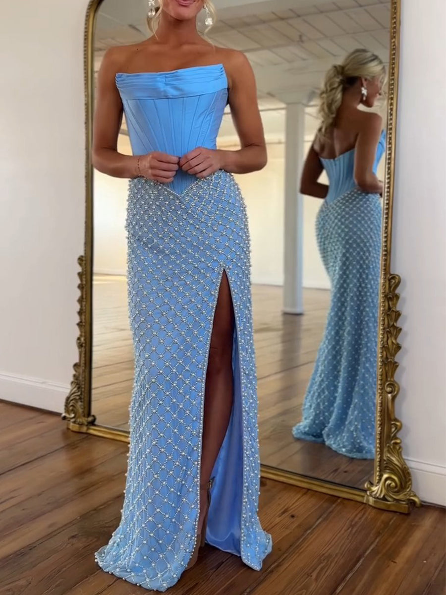 Robe de bal bustier corset en perles bleu ciel à motif en treillis avec fente