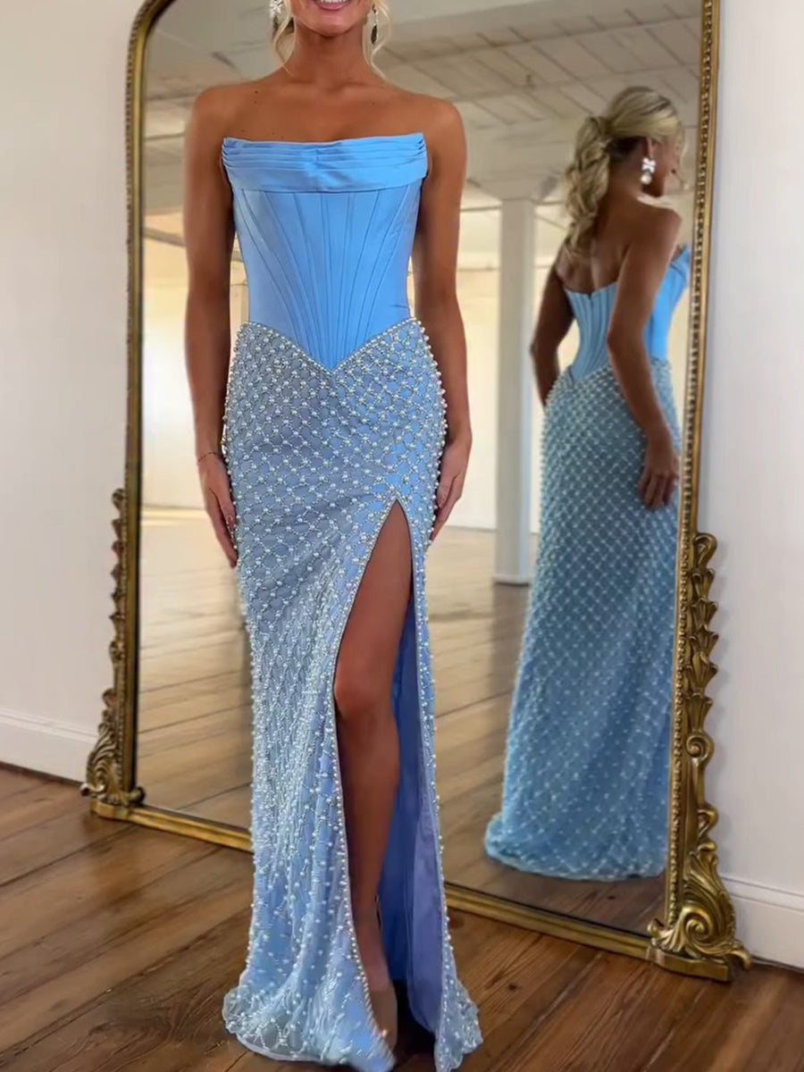 Robe de bal bustier corset en perles bleu ciel à motif en treillis avec fente