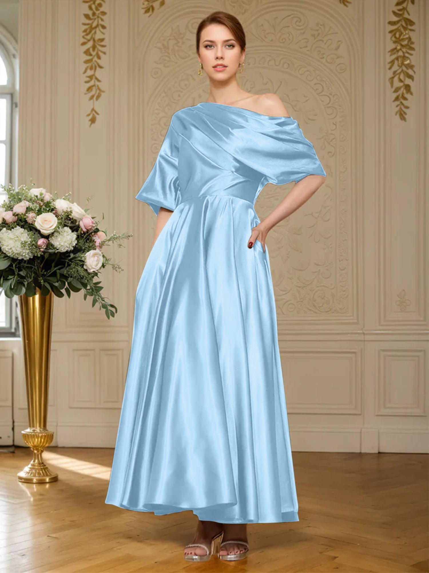 A-Linien Kurzarm plissiertes knöchellanges seidenähnliches Satin Kleid für die Brautmutter