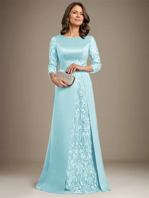 Vestido de madre de la novia largo hasta el suelo con encaje, satén, línea A, escote redondo y aplicaciones