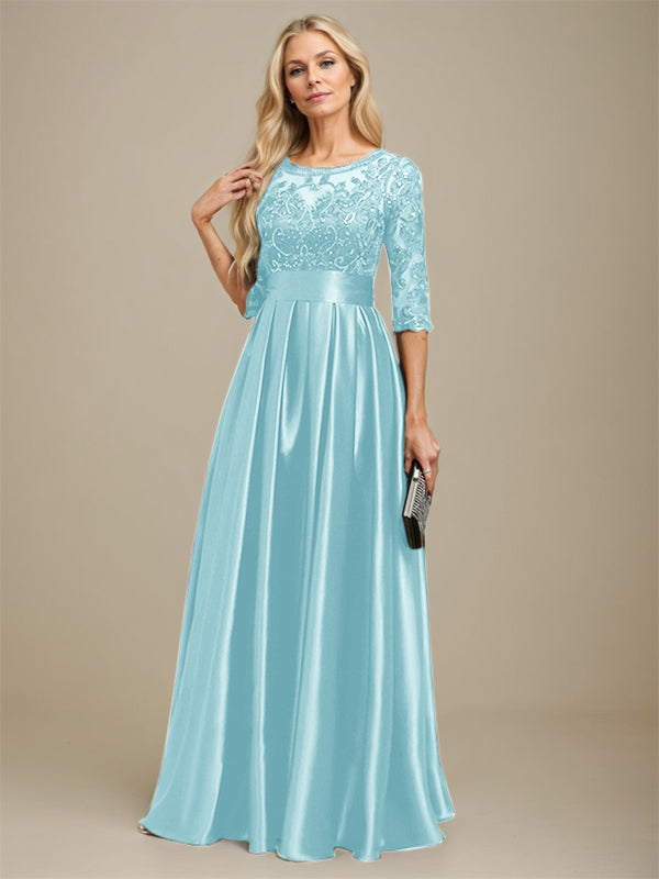 A-Linien Ausschnitt Illusions bodenlanges Stretch-Satin-Spitzenkleid für die Brautmutter mit Schleife und Pailletten