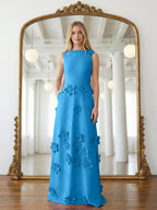 Lavendelfarbenes formelles Kleid mit U-Boot-Ausschnitt und herabfließenden 3D-Blumen