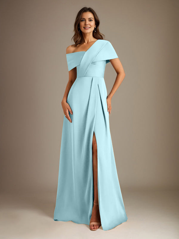 A-Linien asymmetrischer Ausschnitt bodenlanges Satin-Brautkleid für die Brautmutter mit Falten