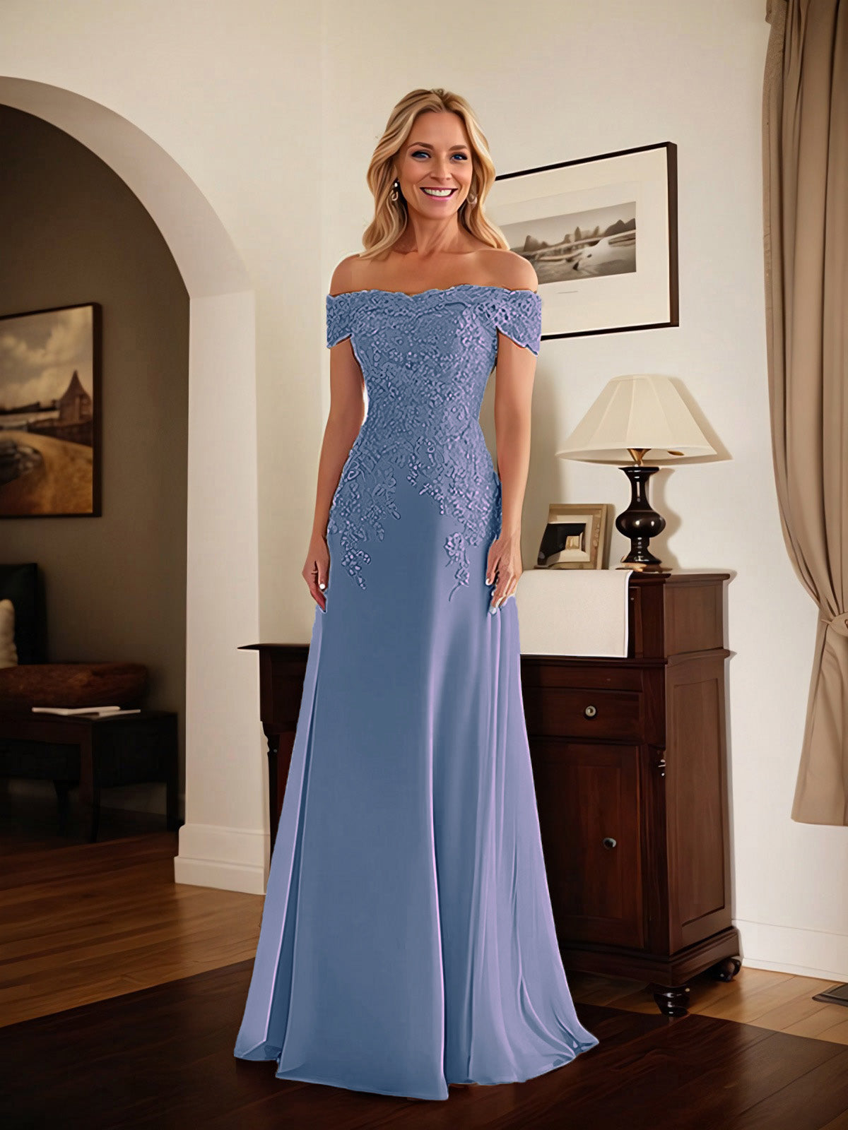 Elegantes taupefarbenes schulterfreies Etuikleid Mutter der Braut Kleid mit Spitze