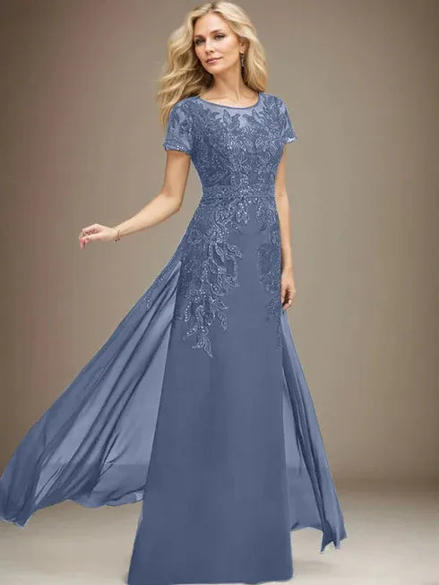 Etui/Säulen Rundhals Illusionsbodenlanges Spitzen-Chiffonkleid für die Brautmutter mit Pailletten