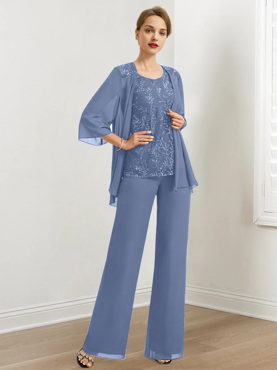 Chiffon Hosenanzüge für die Brautmutter mit Pailletten und Jacke