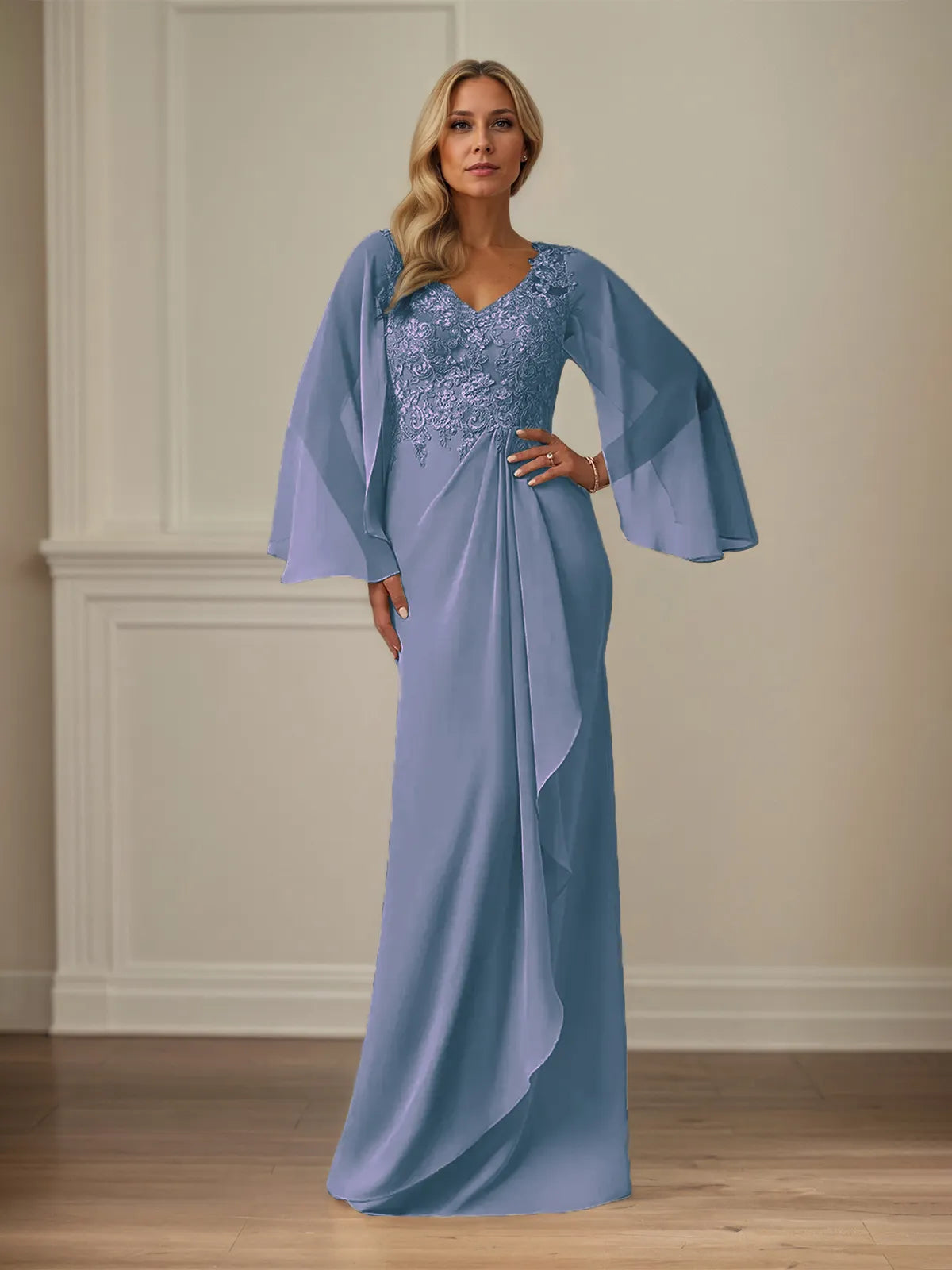 Etui/Kolumnen Chiffon V-Ausschnitt Langarm Bodenlanges Brautmutterkleid mit Applikationen