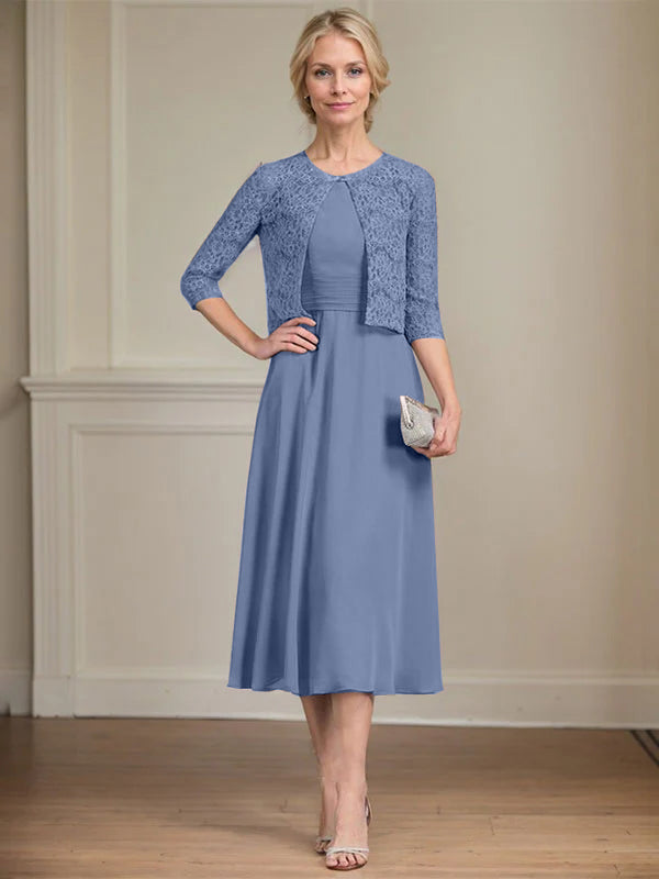 A-Linien Rundhals Tee-Länge Chiffon Kleid für die Mutter der Braut mit Falten