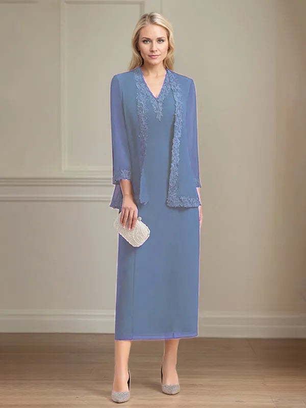 Etui/Column Chiffon V-Ausschnitt 3/4 Ärmel Tea-Length Kleid für die Mutter der Braut