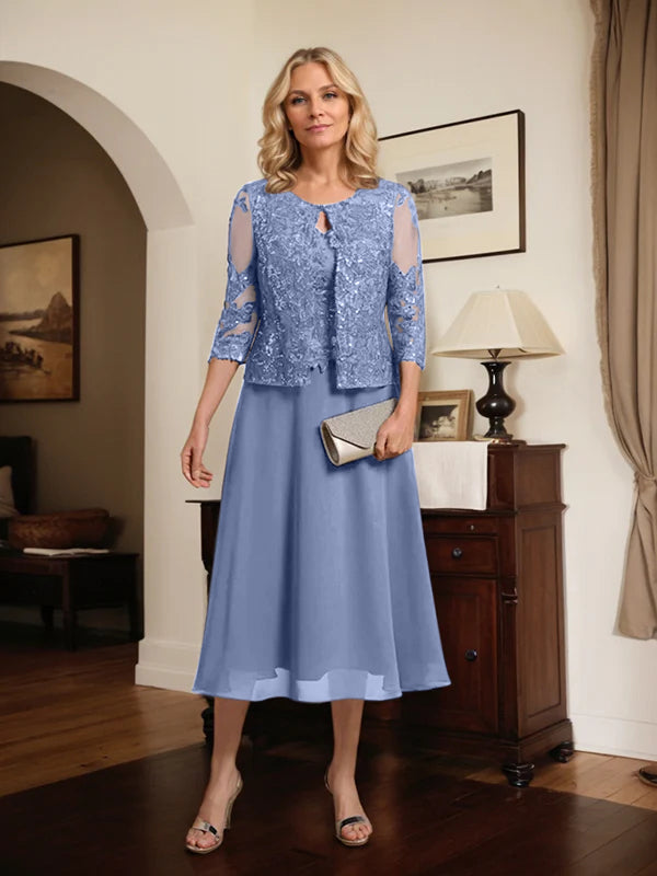 A-Linien Spitzen-Chiffon-Brautmutterkleid mit V-Ausschnitt, tea-length, mit Pailletten