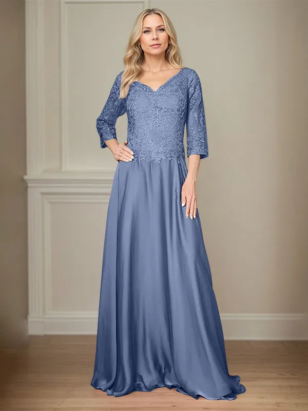 A Line Chiffon V Neck 3/4 Sleeves Floor-Length Mother Of The Bride Dress With Appliques