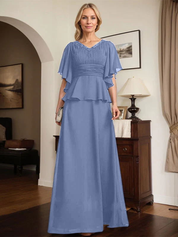 A-Linien Chiffon-Mutter-der-Braut-Kleid mit V-Ausschnitt, bodenlang, plissierte Perlenverzierung