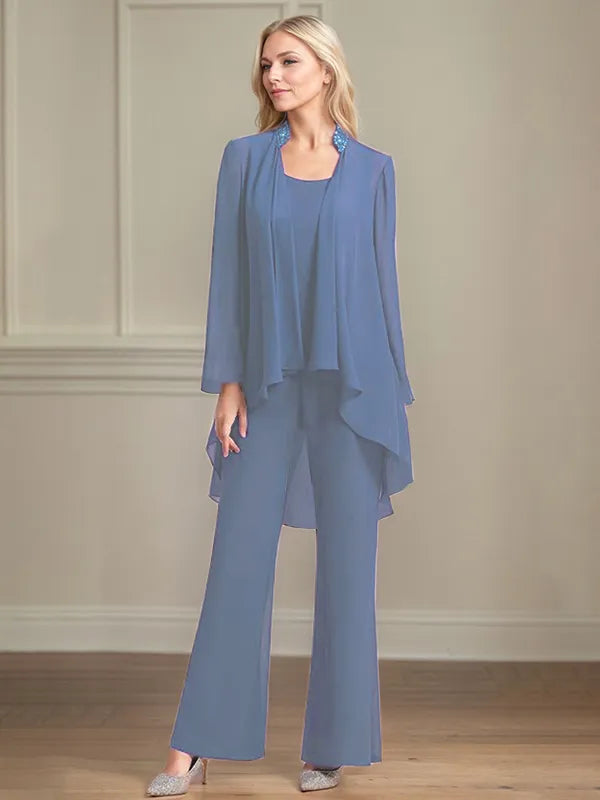 Chiffon Kleid mit Rundhalsausschnitt, langen Ärmeln, bodenlang, Hosenanzug für die Brautmutter