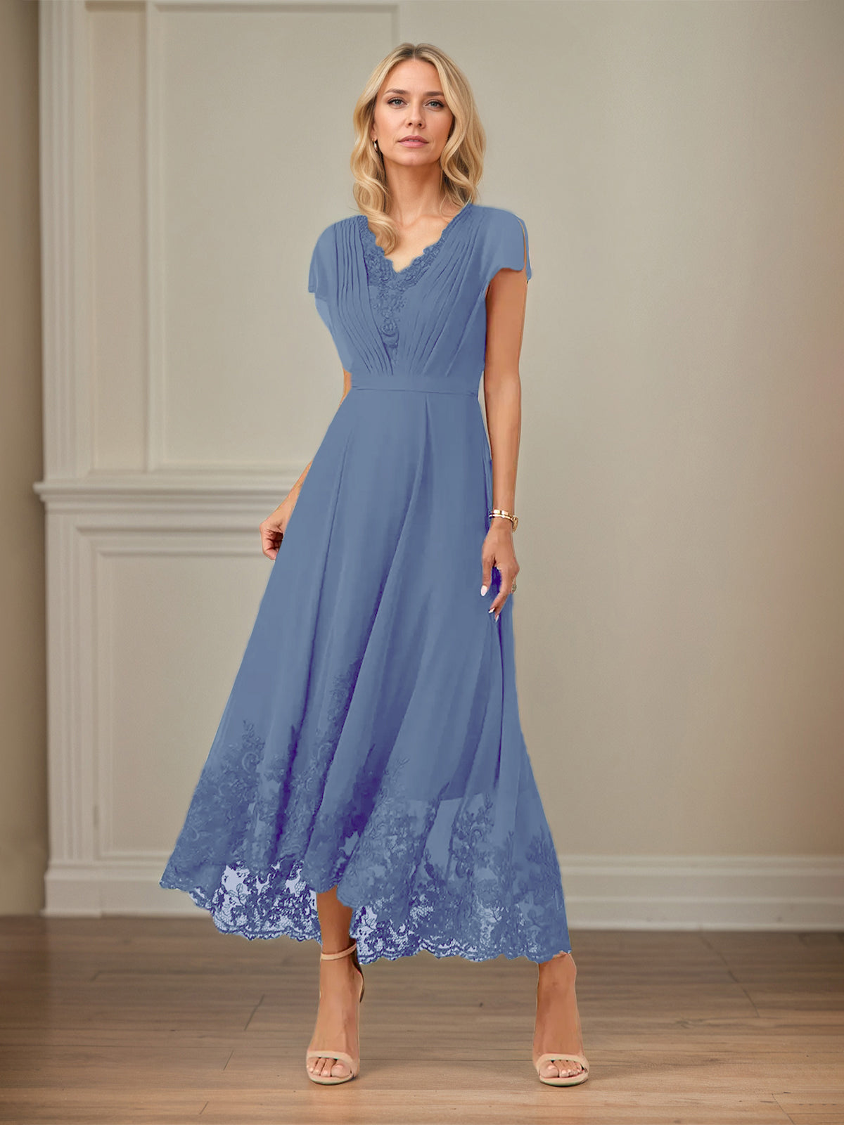 A-Linien Chiffon Kleid mit V-Ausschnitt, flatternden Ärmeln, knöchellang mit Applikationen